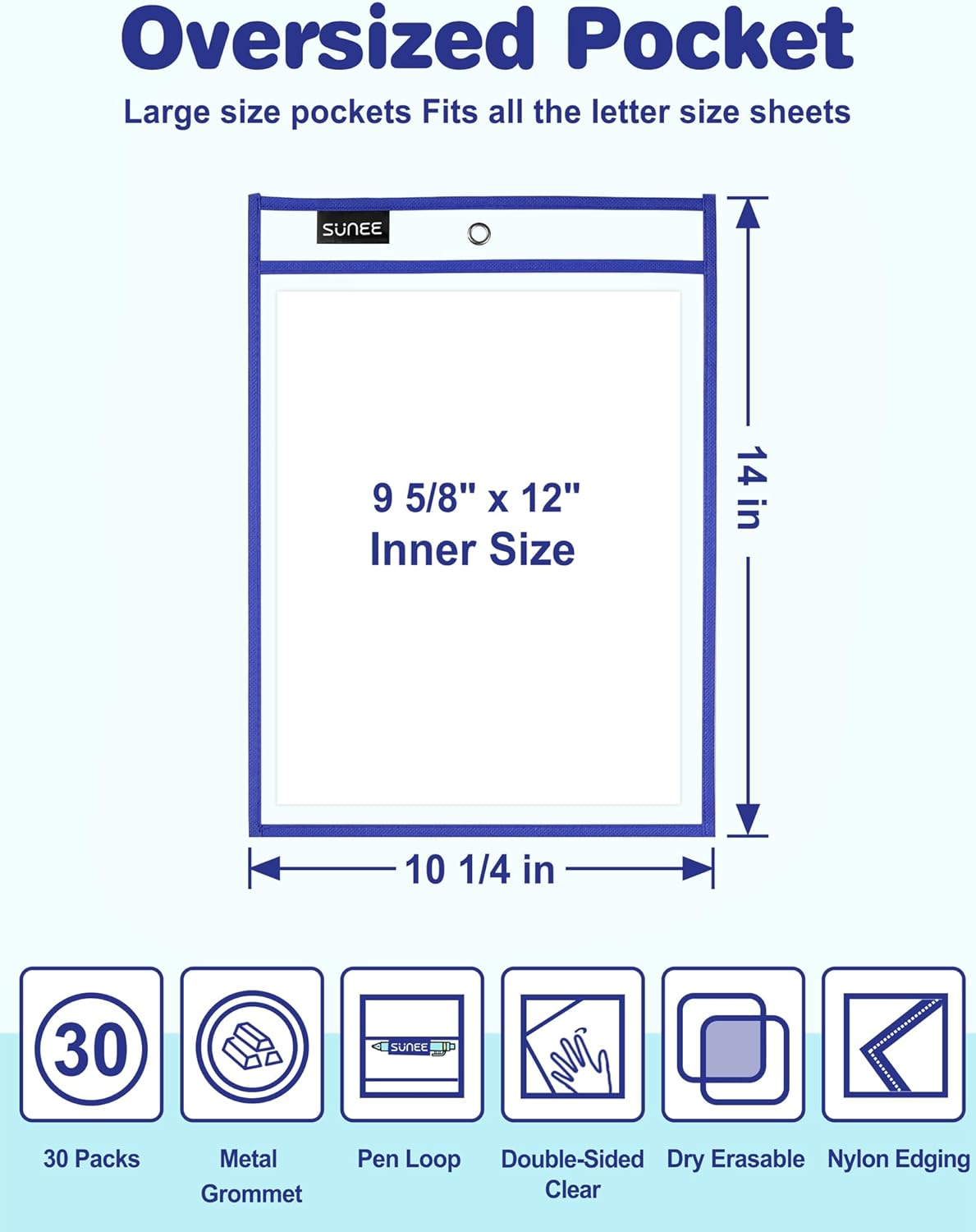SUNEE 50 Packs Oversized Reusable Dry Erase Pocket Sleeves with 3 Rings, 10 Assorted Colors 10x14 Ticket Holders, Clear Plastic Sheet Protectors, Teacher School Classroom Supplies